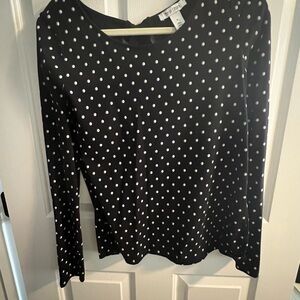 White House Black Market Fitted Long Sleeve Blouse Black, White and hint of blue